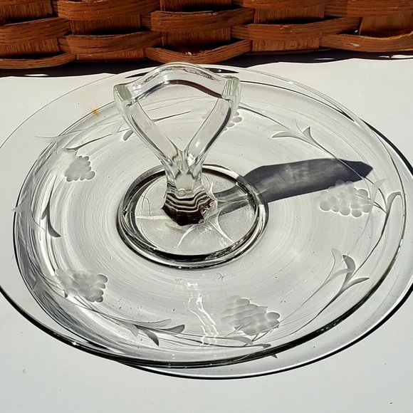 Tiffin 9.5" Center Handle Serving Plate etched grapevine tidbit sandwich dessert - Picture 1 of 7